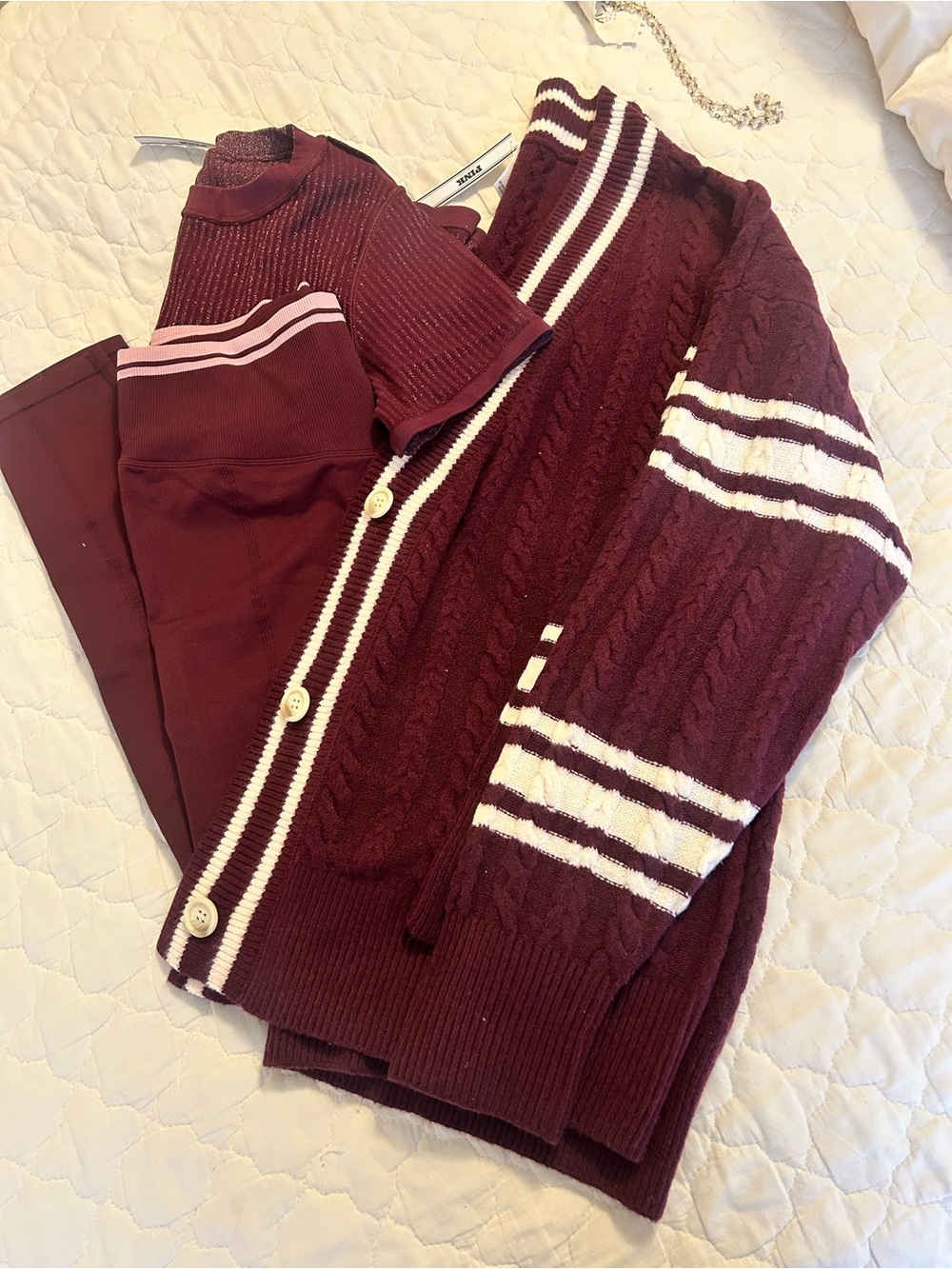 PINK Victoria's Secret Burgundy Cardigan, leggings, tee, set/outfit